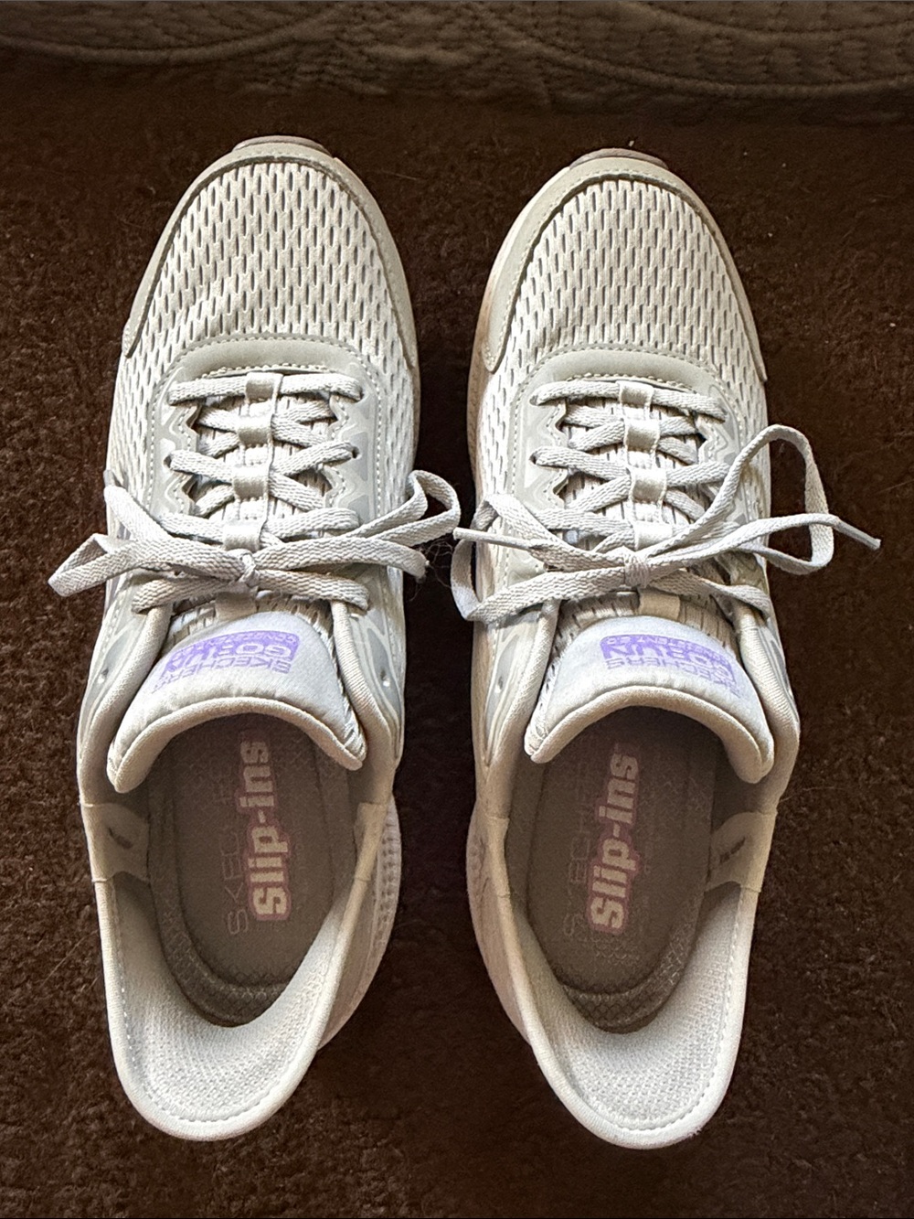 Skechers Women's Light Gray Mesh Slip-In Lace-Up Sneakers with Purple Logo